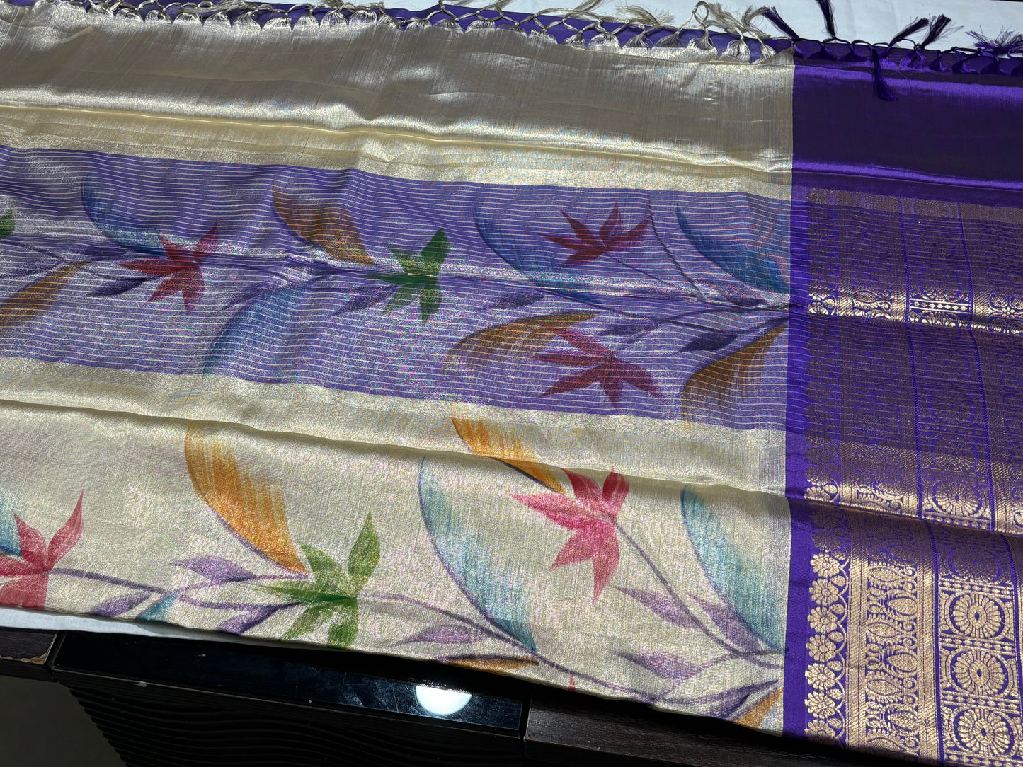 CREAM (BEIGE) PURPLE BANARASI TISSUE SAREE