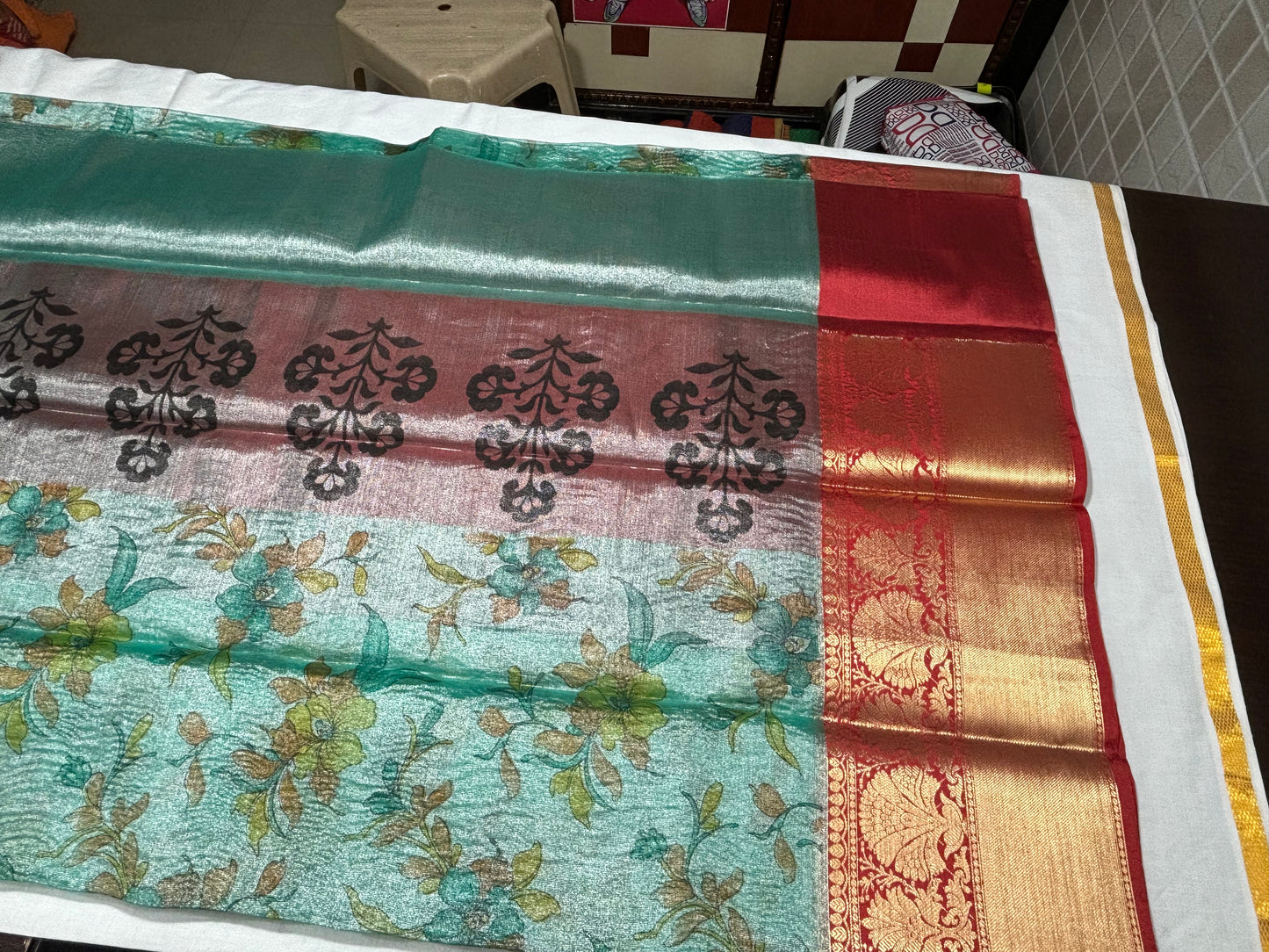 SEA GREEN BANARASI CRUSH TISSUE SAREE