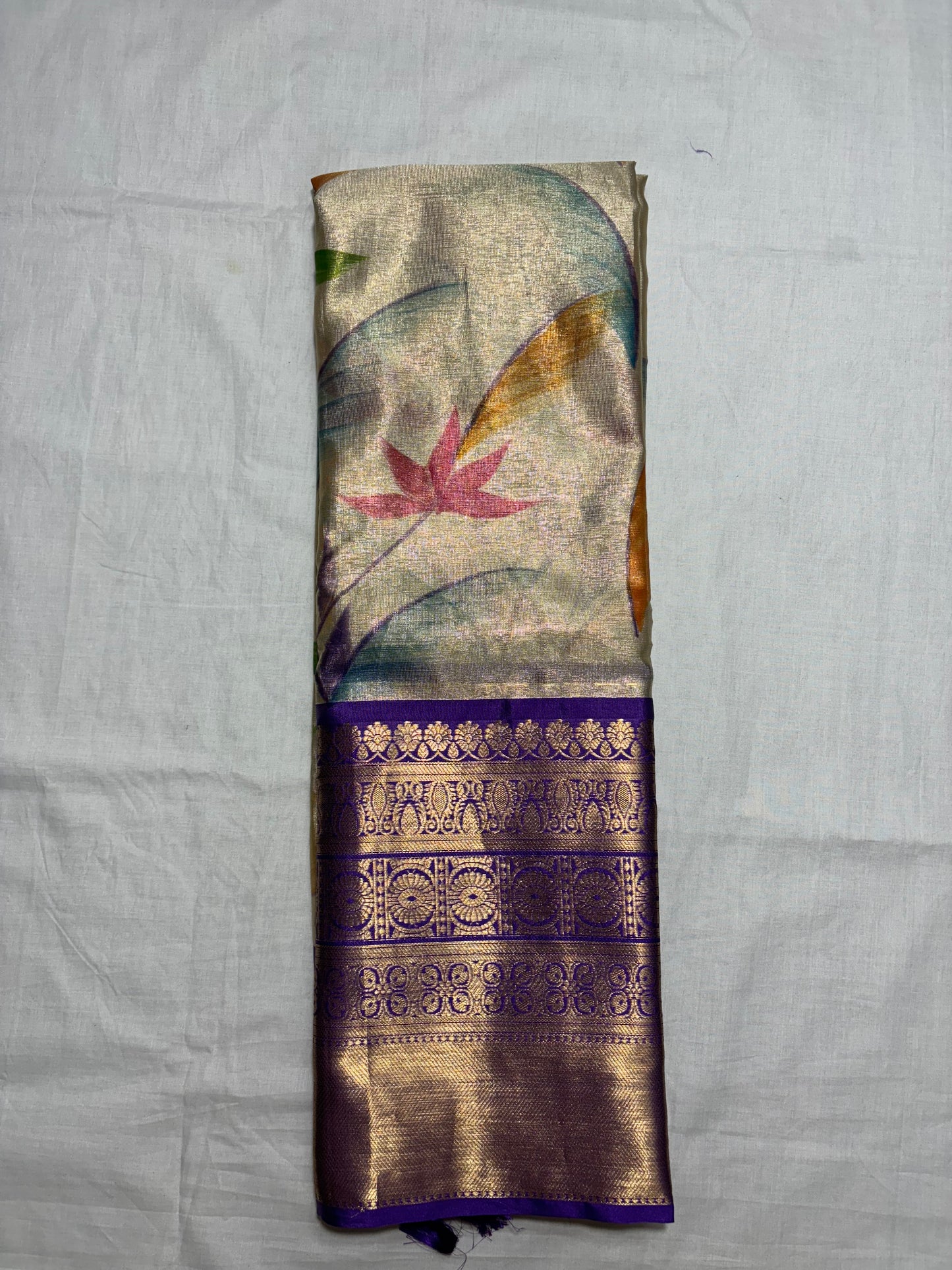 CREAM (BEIGE) PURPLE BANARASI TISSUE SAREE