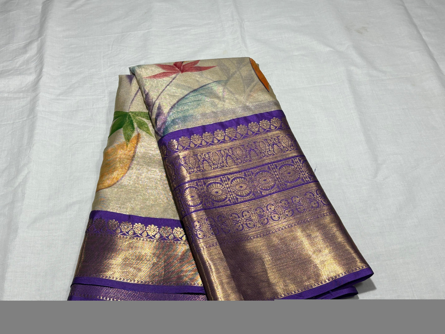 CREAM (BEIGE) PURPLE BANARASI TISSUE SAREE