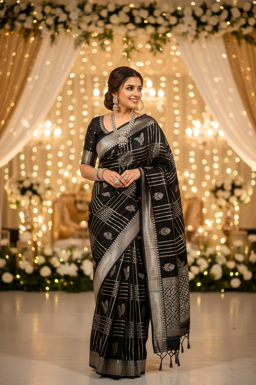 BLACK CHINIYA SILK CHECKS SAREE