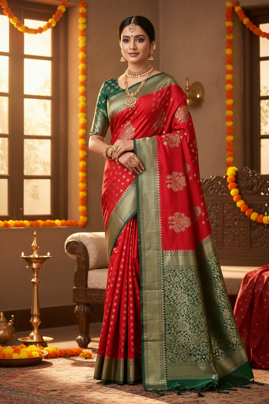 RED GREEN CHINIYA SILK SAREE