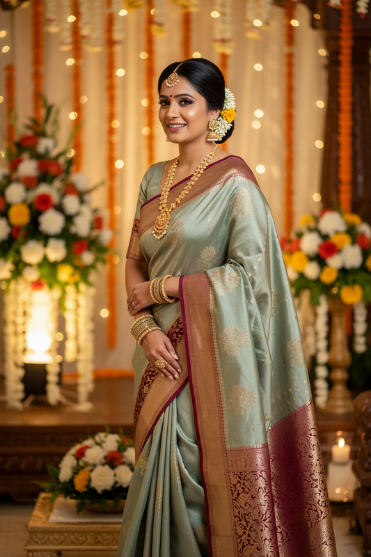 GREY MAROON CHINIYA SILK SAREE